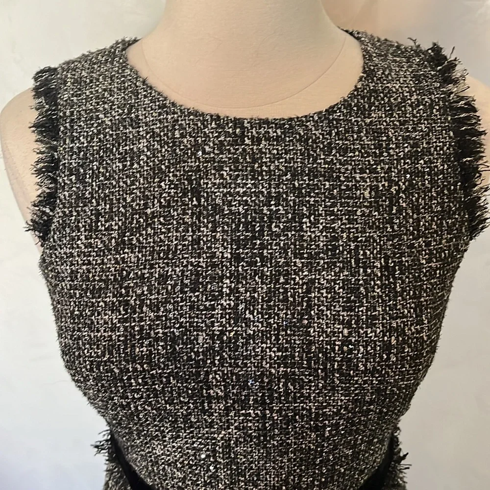 J.Crew Black/White Tweed Sheath Dress w/velvet belt,fringe detail sequins Size 4